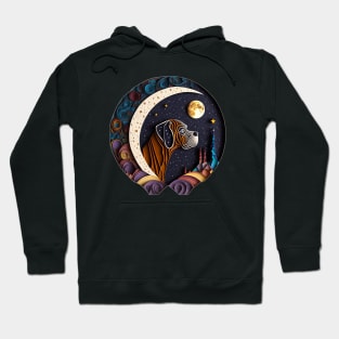 Boxer Dog Portrait in Space Crescent Moon Stars Cute Art Digital Painting Hoodie